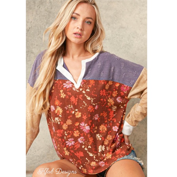 LAST 1! Distressed Floral/Tie Dye Color Block Henley Boho Top! - Picture 8 of 10